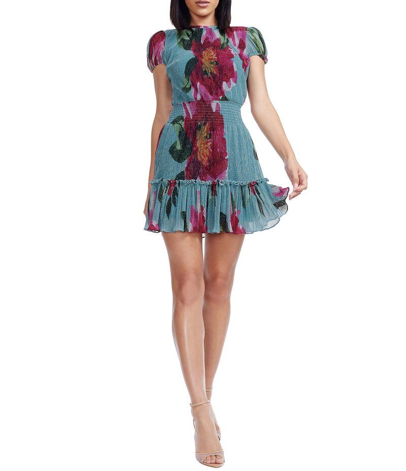 ドレスザポプレーション レディース トップス ワンピース シフォン フラワー柄 プリント フラワー Dress the Population Kenley Round Neck Short Sleev