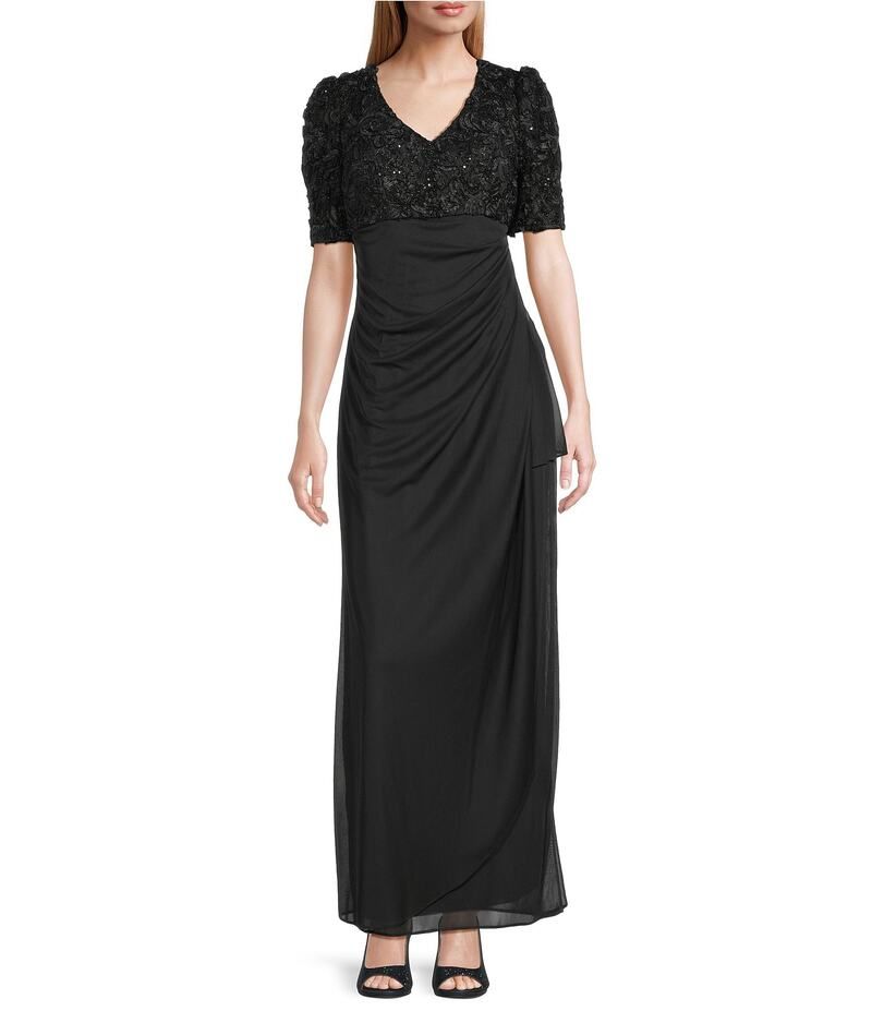 アレックスイブニングス レディース トップス ワンピース Vネック Alex Evenings Short Sleeve VNeck Soutache Bodice Cascade Ruddle Dr
