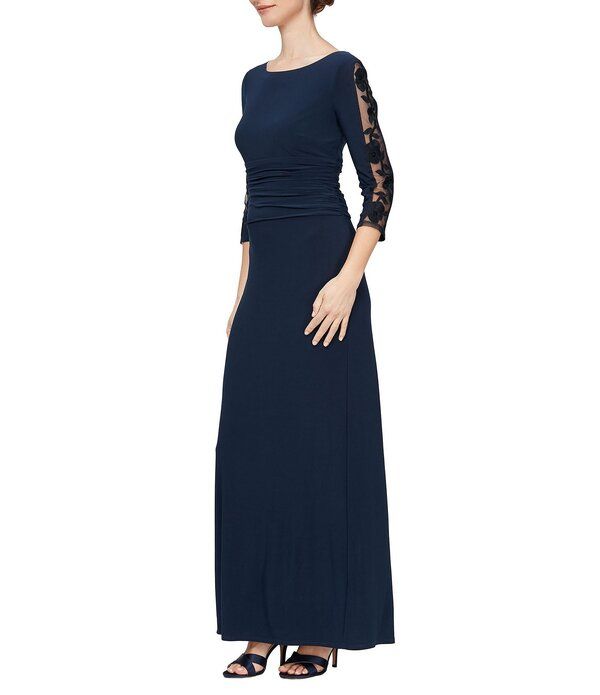 イグナイト レディース トップス ワンピース ギャザー Ignitevenings Ruched Waist Embellished Illusion Sleeve Gownavy ネイビー