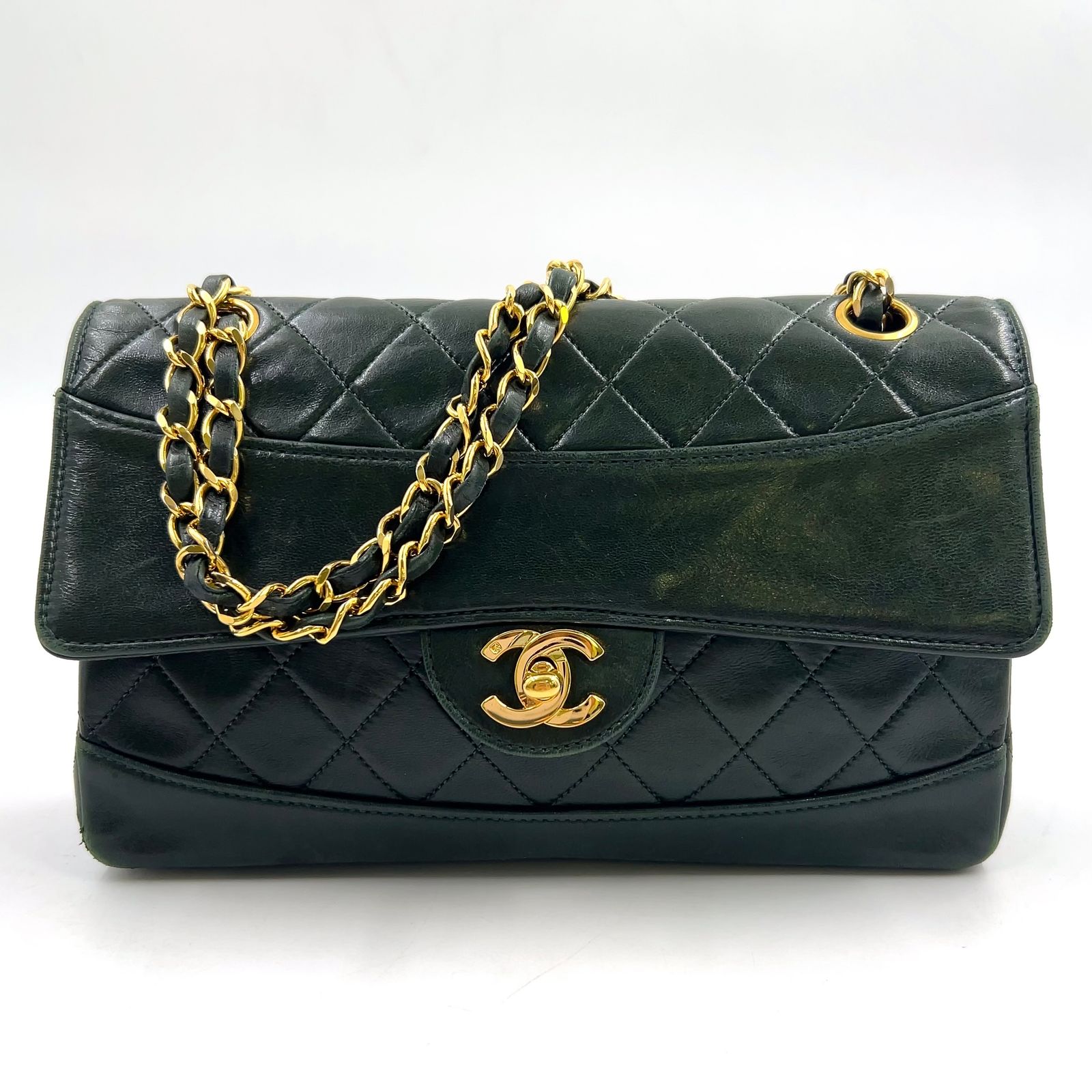 【新着】CHANEL マトラッセ ココマーク シリアル番号1番台 ラムスキン ダークグリーン ショルダーバッグ ゴールド