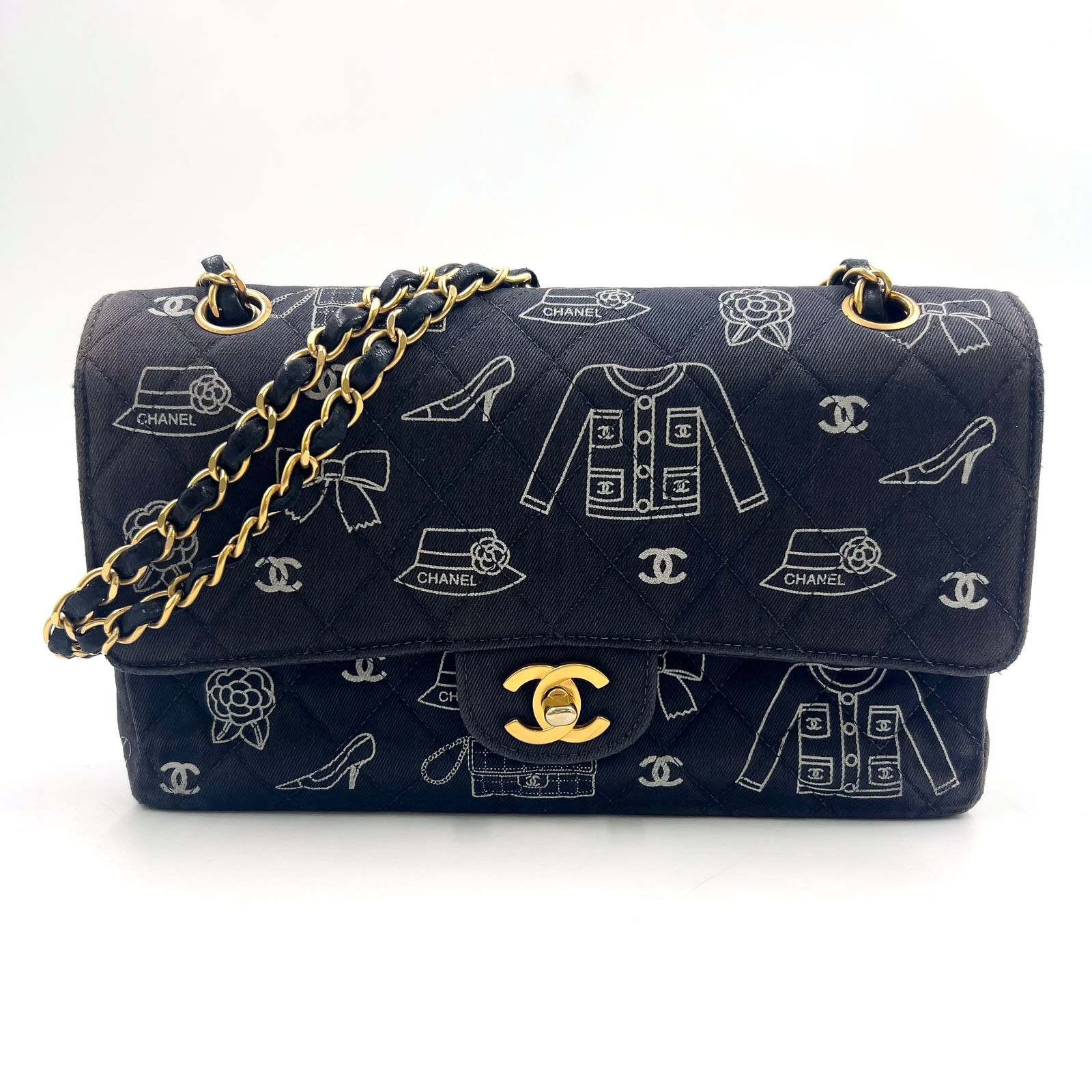 【新着】CHANEL マトラッセ ダブルフラップ シリアル番号7番台 レザー、キャンバス ブラック ショルダーバッグ ゴールド