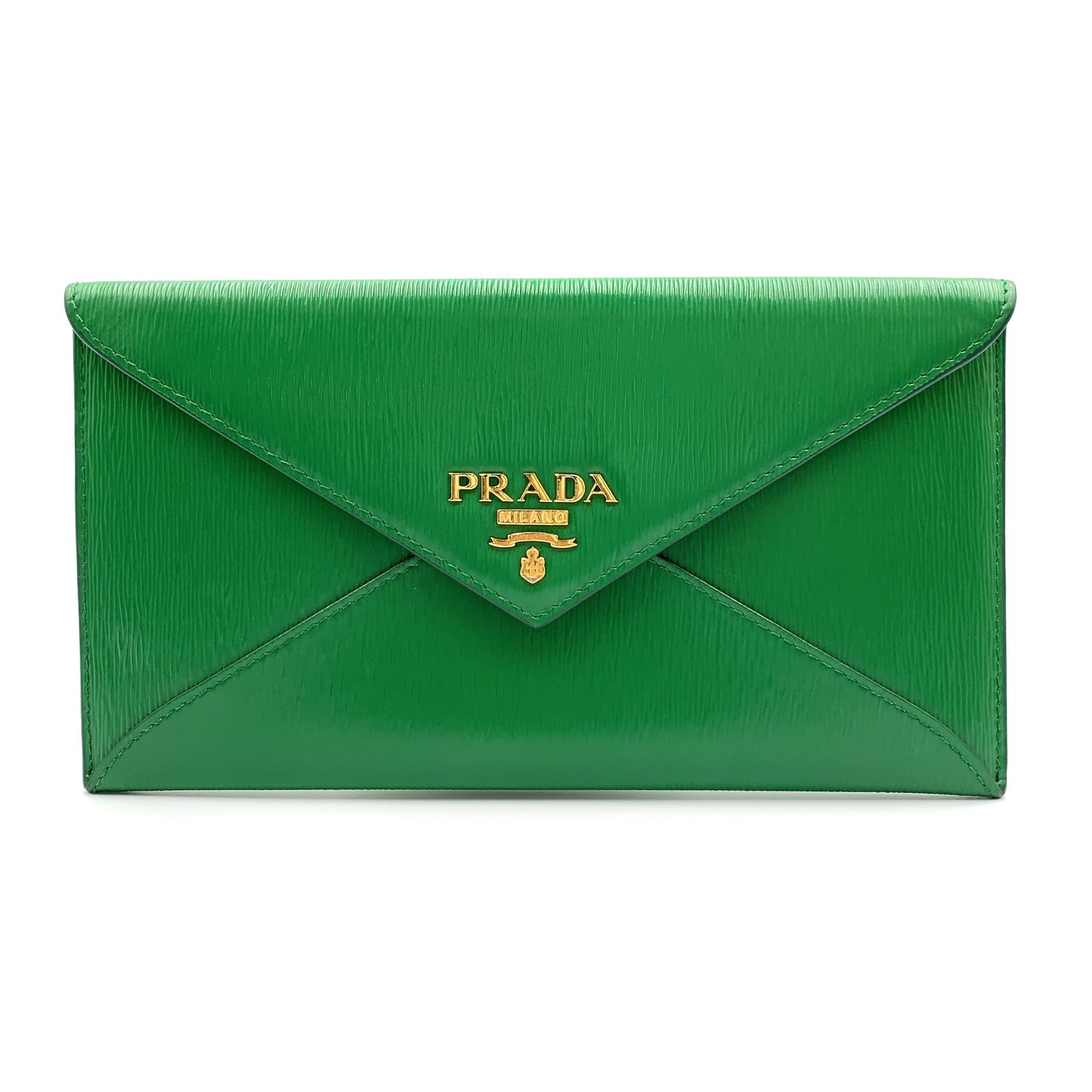 【新着】PRADA エンベロープ レザー グリーン 二つ折り財布 ゴールド
