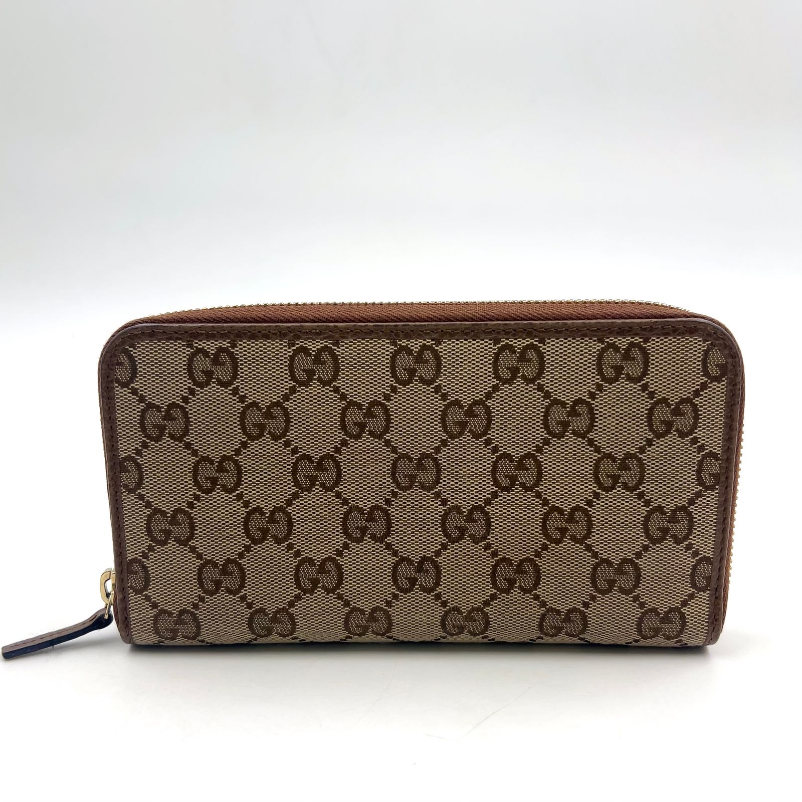 新着】GUCCI ラウンドファスナー レザー、キャンバス ブラウン 長財布