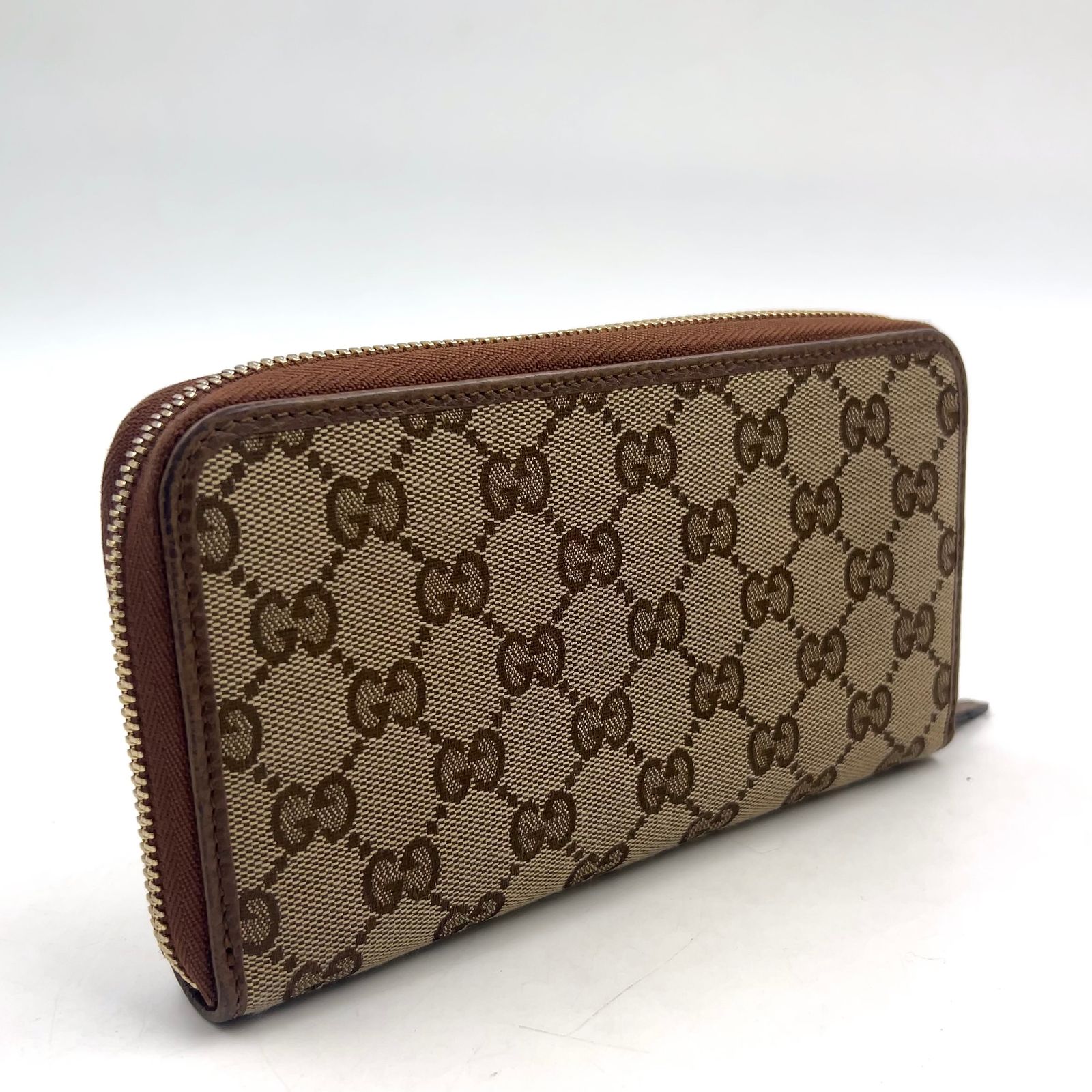 新着】GUCCI ラウンドファスナー レザー、キャンバス ブラウン 長財布