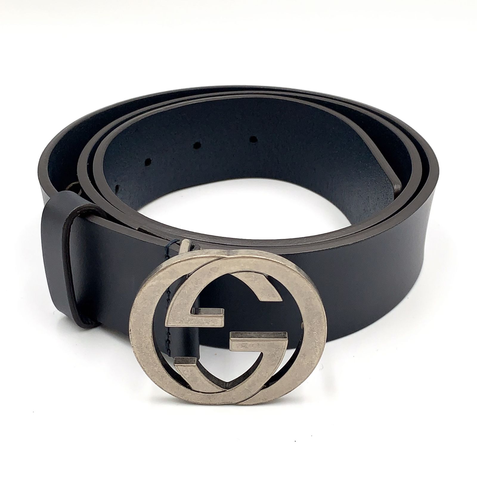 【新着】GUCCI インターロッキングGバックル レザー ブラック ベルト シルバー 546389