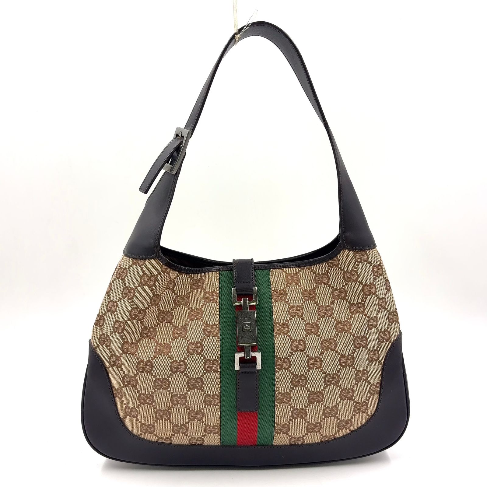 【新着】GUCCI ジャッキー レザー、キャンバス ブラウン ショルダーバッグ シルバー 001･3306