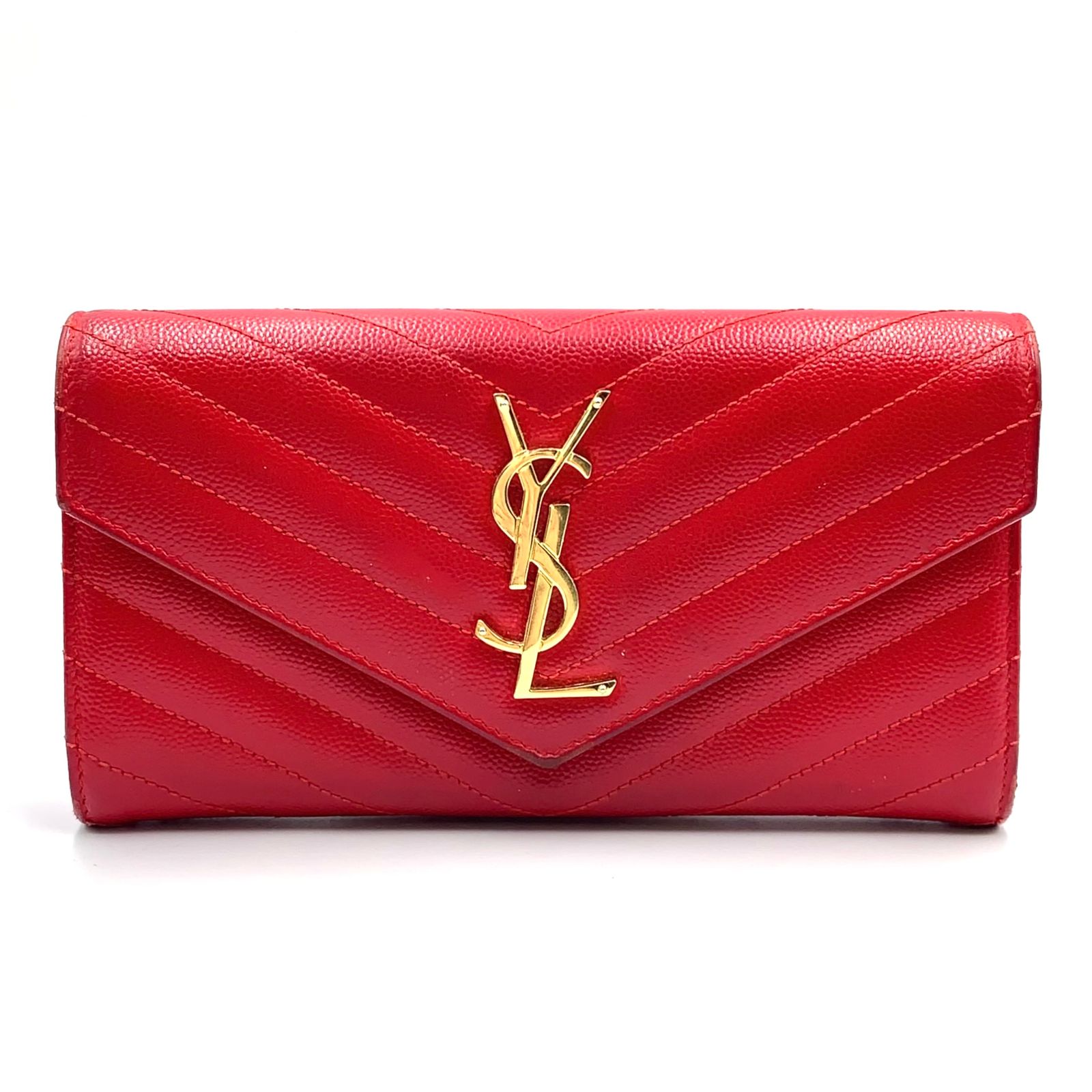 【新着】SAINT LAURENT PARIS モノグラムサンローラン ラージフラップ レザー レッド 長財布 ゴールド 372264