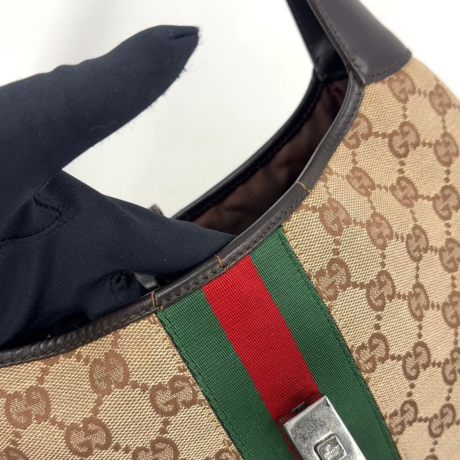 新着】GUCCI ジャッキー レザー、キャンバス ブラウン ショルダー 