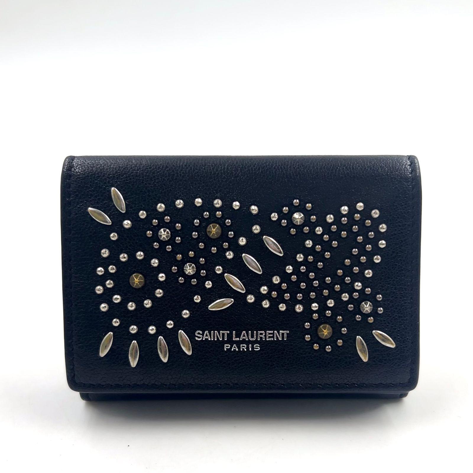 【新着】SAINT LAURENT PARIS 三つ折り ミニ レザー ブラック 財布 シルバー TGN506856