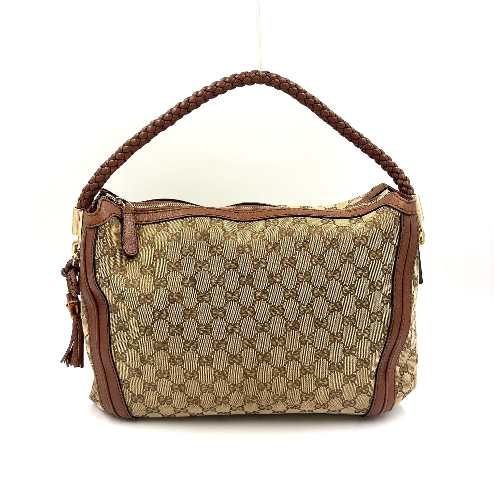 【新着】GUCCI ベラ バンブータッセル レザー、キャンバス ベージュ、ライトブラウン ワンショルダーバッグ ゴールド 269949