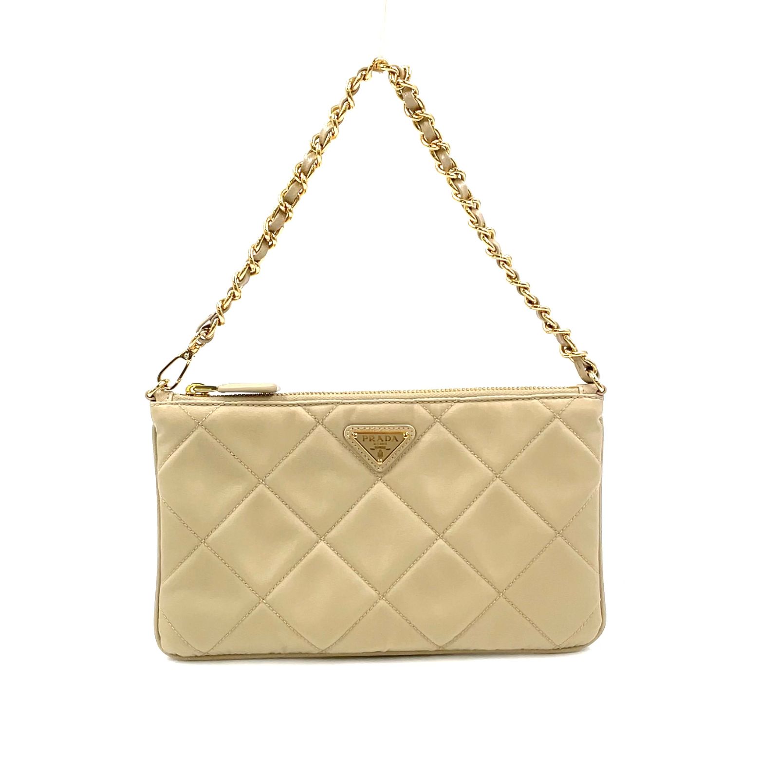 新着】PRADA 三角ロゴ ナイロン ベージュ ハンドバッグ ゴールド