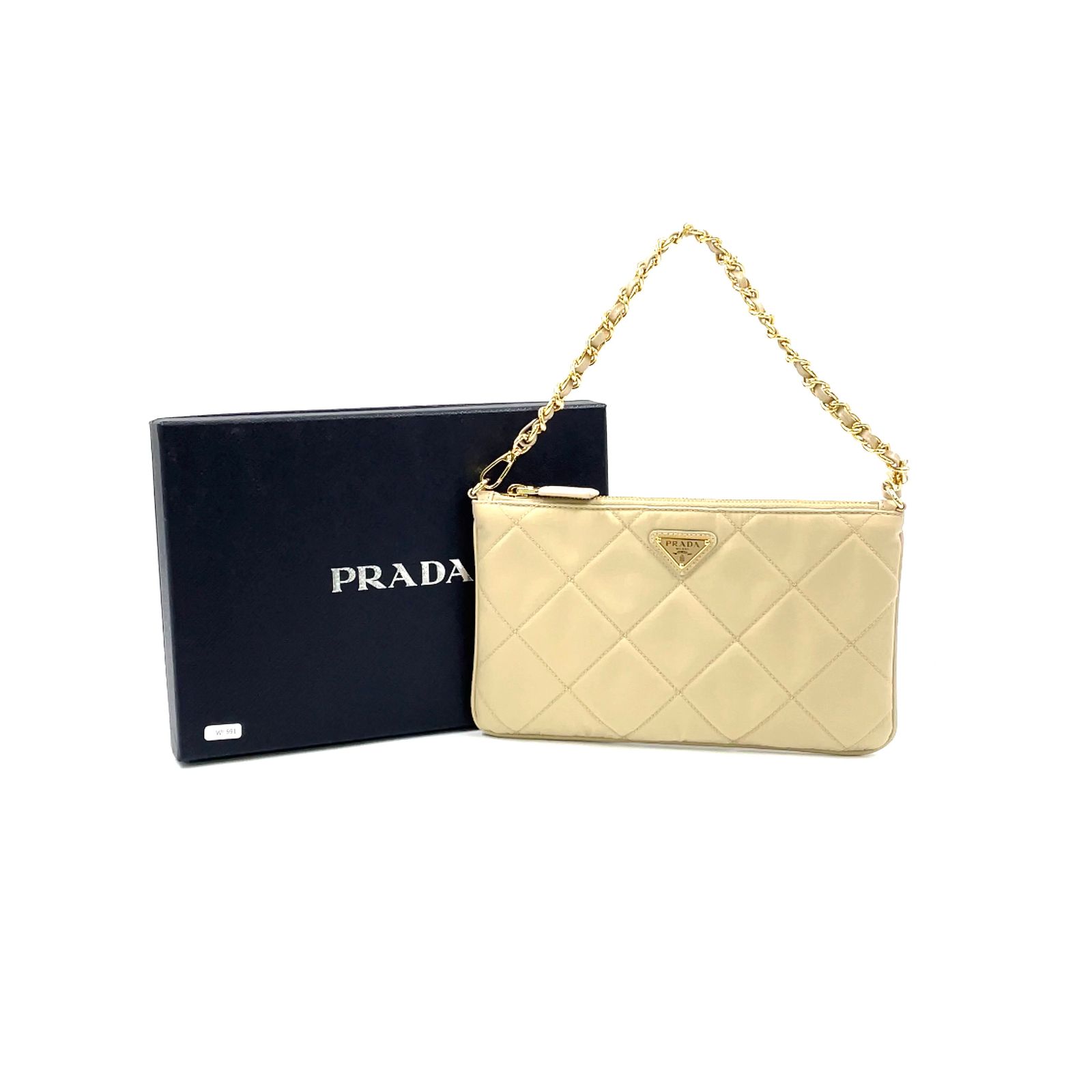 新着】PRADA 三角ロゴ ナイロン ベージュ ハンドバッグ ゴールド