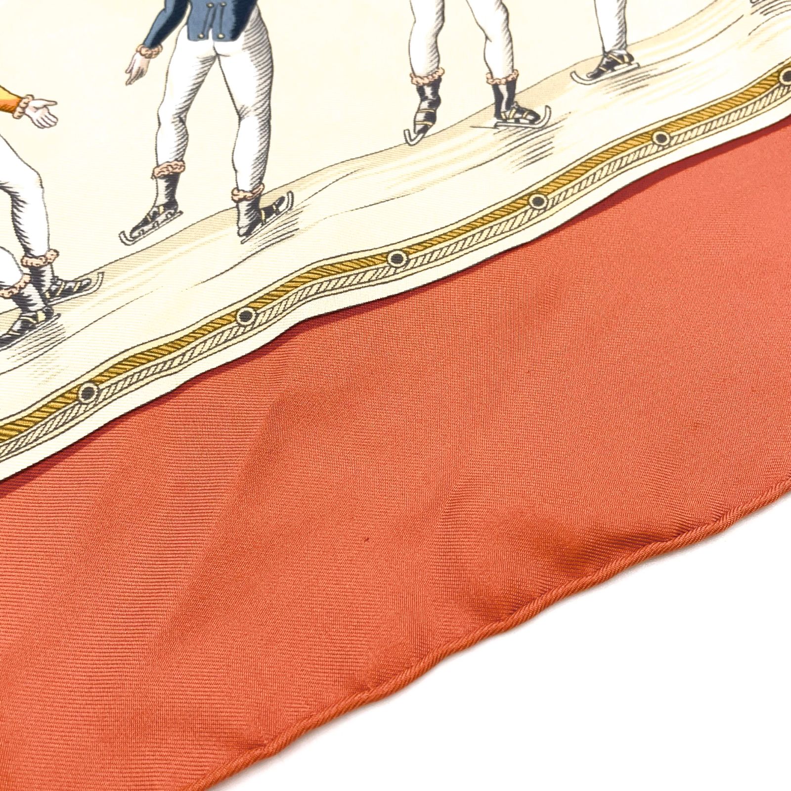 【新着】HERMES カレ90 Les Plaisirs du Froid 氷上の喜び シルク オレンジブラウン スカーフ
