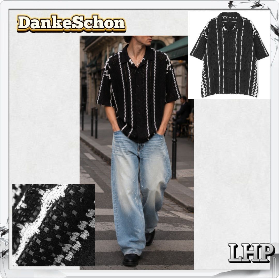 正規品 LHP DankeSchon ダンケシェーン トップス ラッセル編み 半袖ニットシャツ 透け ラッセル ストライプ ブラック