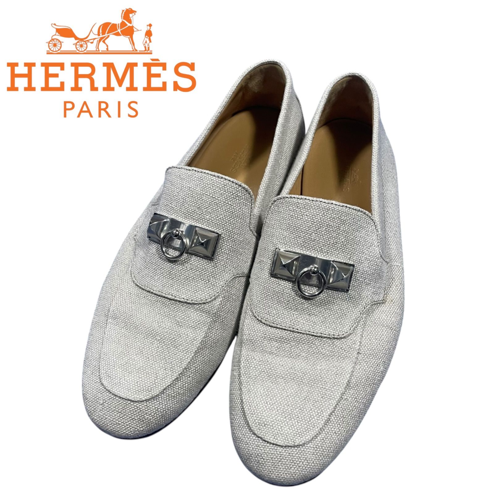 HERMES エルメス ブレイス（Blaise）/アーヴィング（Irving） モカシン ローファー スリッポン MB211904ZA2010 ライトベージュ / ナチュラル / シルバー キャンバス×レザー メンズ 男性 シューズ