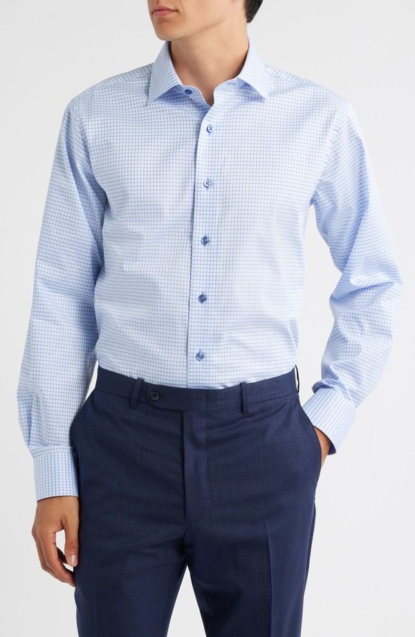 ロレンゾウオモ メンズ トップス シャツ コットン Lorenzo Uomo Trim Fitextured Grid Cotton Dresshirt Light Blue ブルー