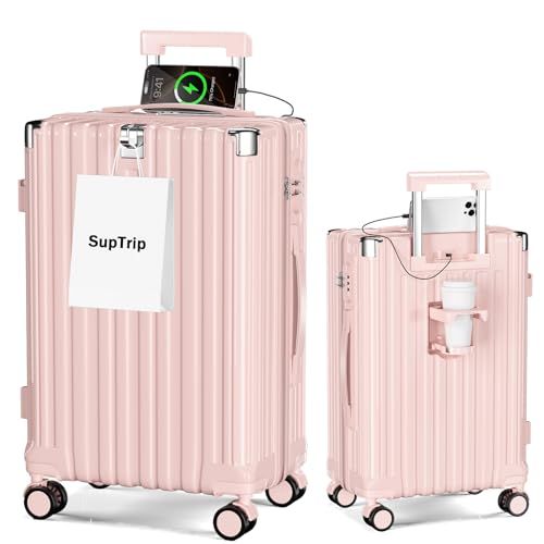 [SupTrip] スーツケース 機内持ち込み 多機能 キャリーケース 大型 超軽量 キャリーバッグ 耐衝撃 USBポート付き カップホルダー付き 充電機能 荷物フック 隠しフック機能 静音 ダブルキャスター 360度回転 修学 泊まる 旅行 出張 (ピンas