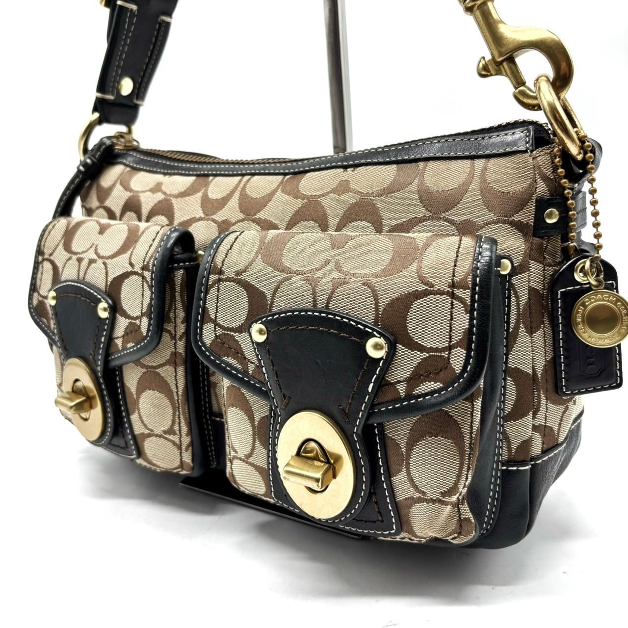 【良品】coach y2k double turn-lock signature canvas goldparts totebag hand beige unisex コーチ ハンドバッグ