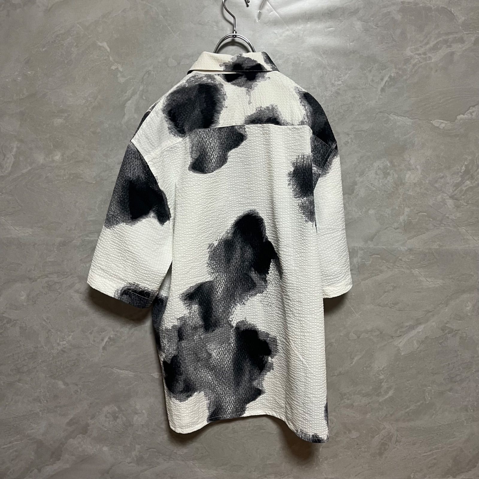 ザラ ZARA 水墨画 総柄 シアーサッカー ショートスリーブ シャツ M