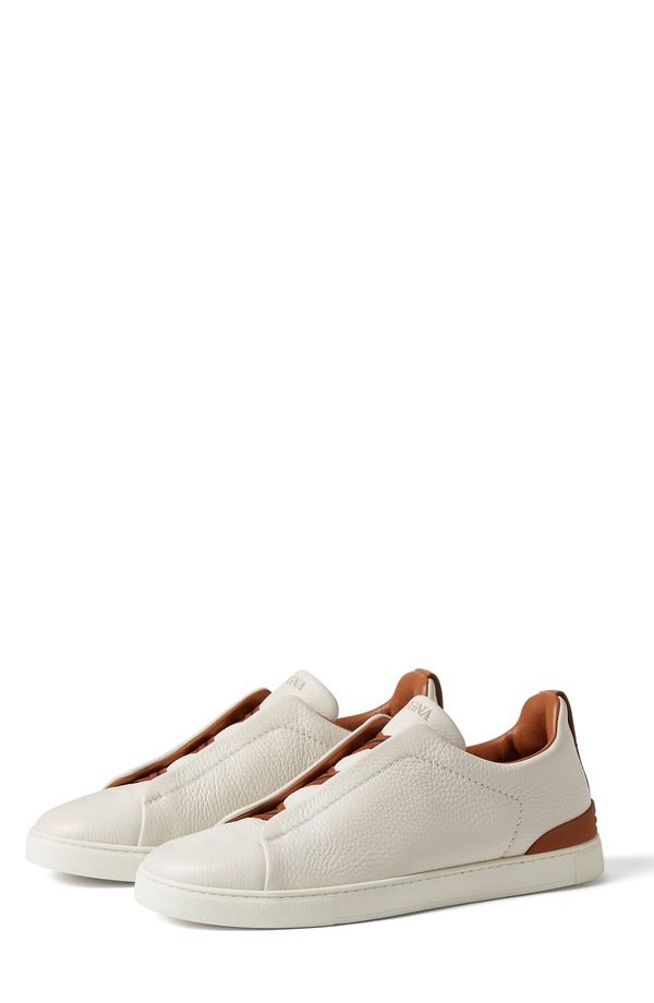 ゼニア メンズ シューズ スニーカー レザー ZEGNA Triple Stitch Deerskin Leather SlipOn Sneaker White Folliage ホワイト