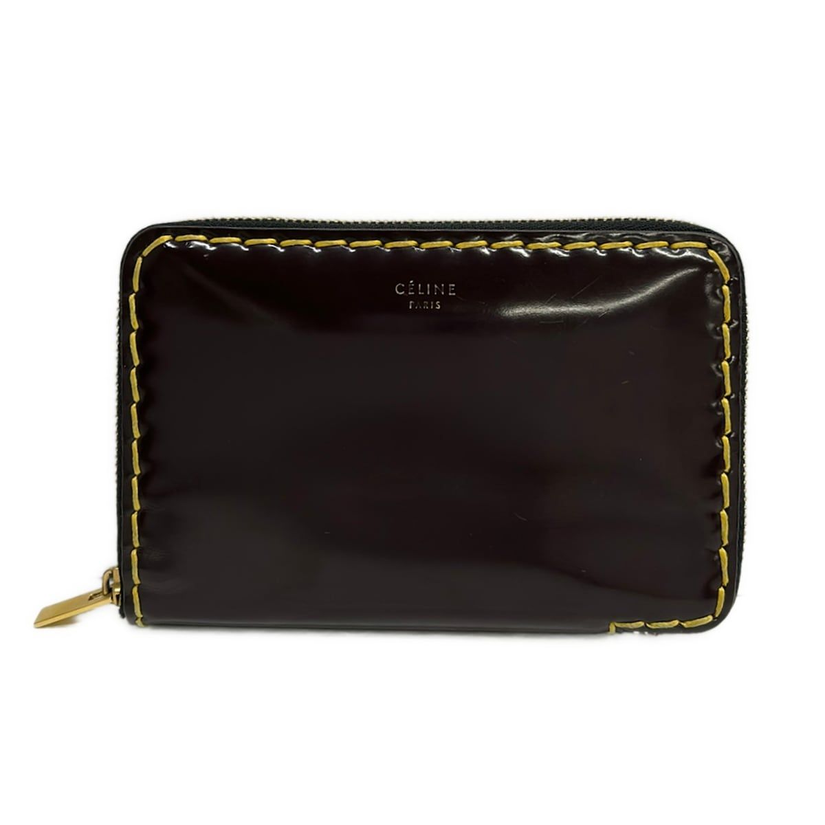 CELINE(セリーヌ) 2つ折り財布 ミディアムジップアラウンド ダークブラウン×イエロー ラウンドファスナー レザー