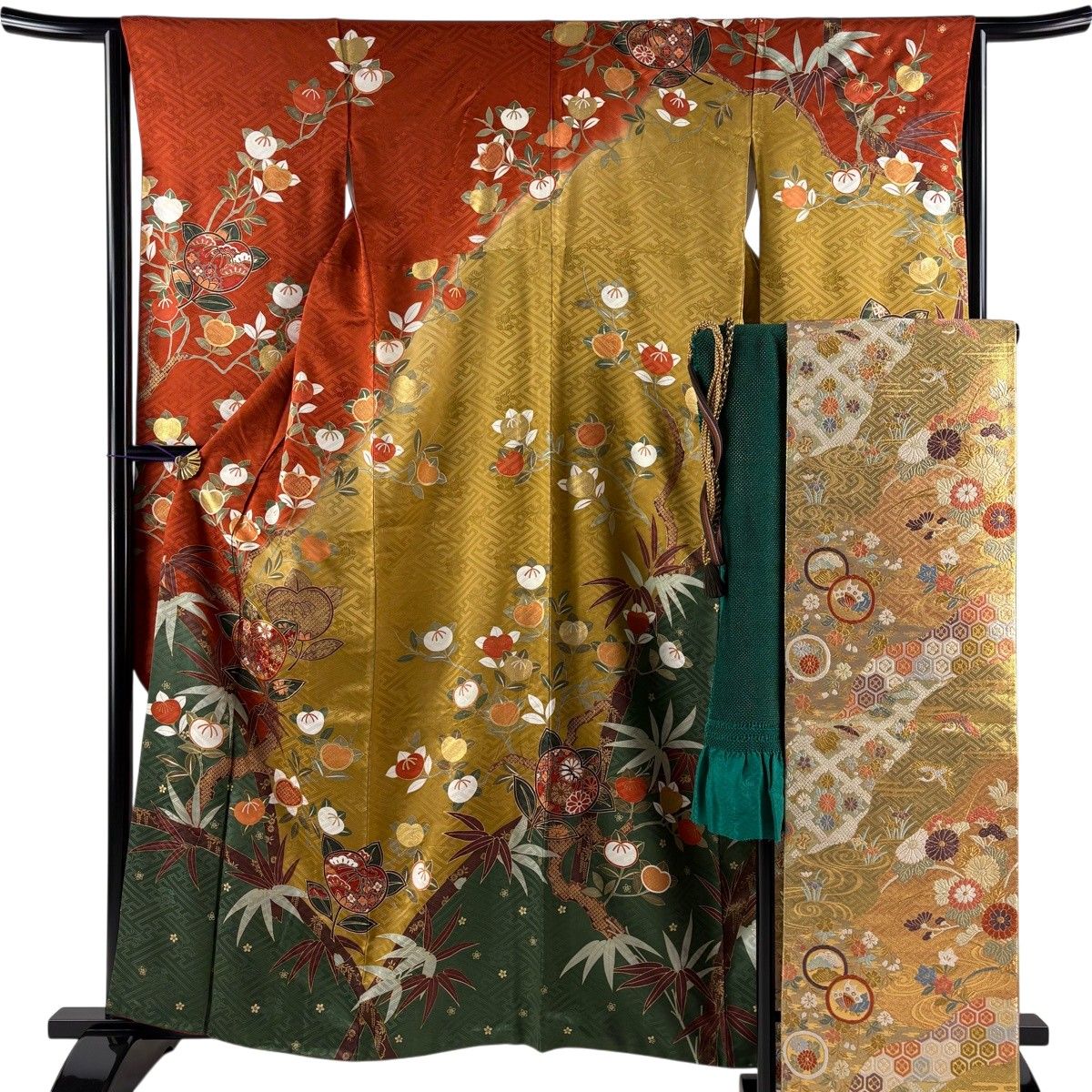 s*m様 【美品】振袖　正絹100% 5点　フルセット　身丈159cm 花車　橙 美品】 振袖 身丈159.5cm 裄丈64cm M 袷 袋帯フルセット 橘 竹 金糸