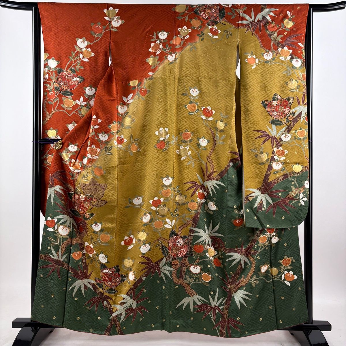 振袖 身丈168.5cm 裄丈67.5cm L 七宝 金糸金通し 朱色正絹名品 振袖 