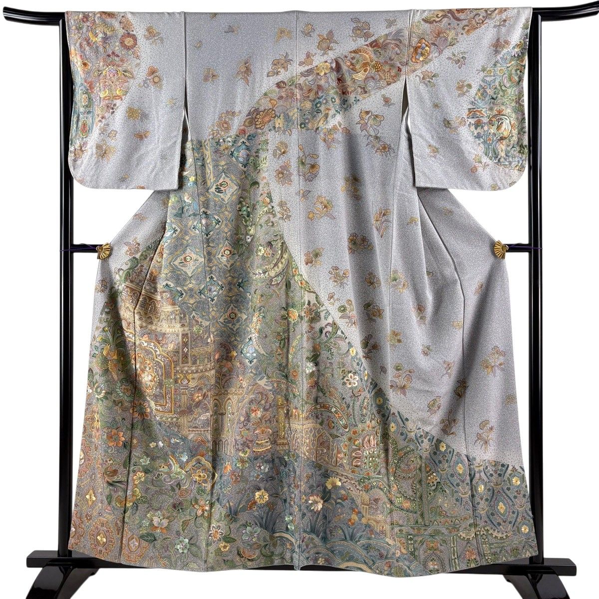 訪問着 身丈157cm 裄丈63cm S 袷 華文 花唐草 刺繍 金糸 青灰色 正絹 逸品 【中古】