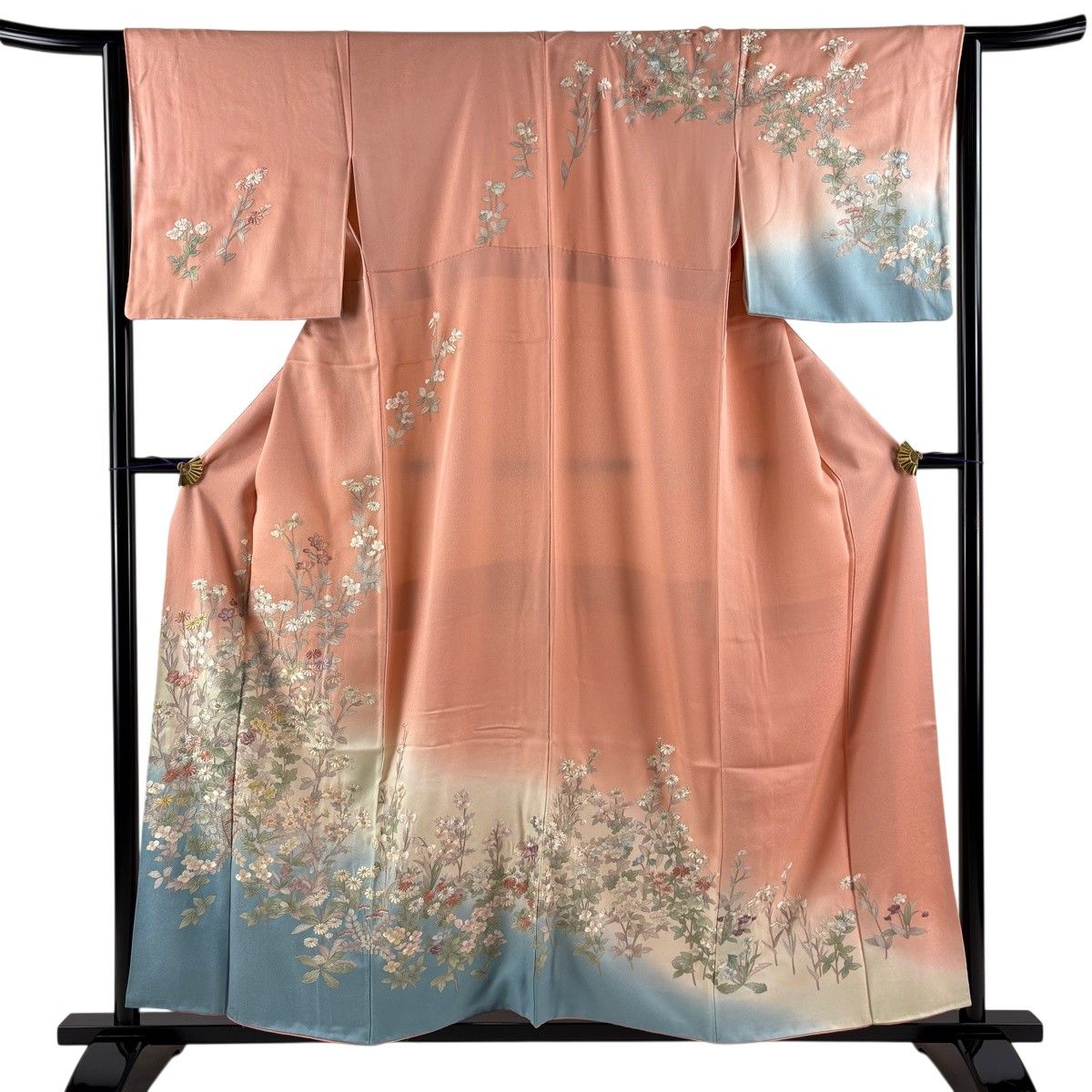 訪問着 身丈157cm 裄丈64cm M 袷 草花 刺繍 染め分け サーモンピンク 正絹 逸品 【中古】