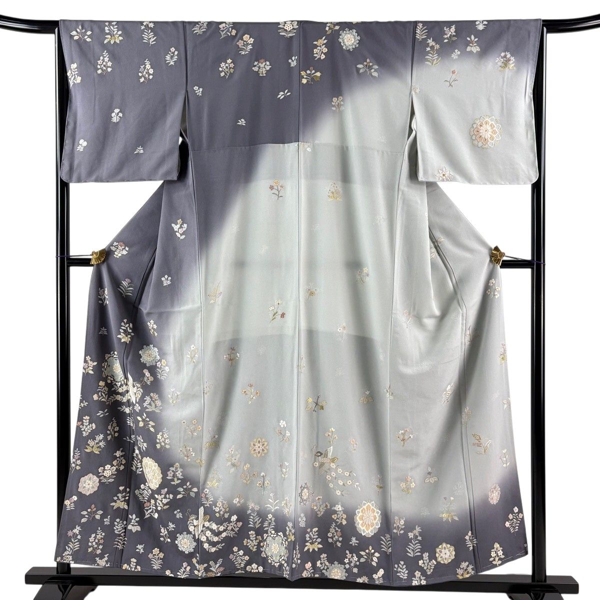 【美品】 訪問着 身丈154.5cm 裄丈65.5cm M 袷 華文 花喰い鳥 刺繍 金糸 灰紫 正絹 逸品 【中古】