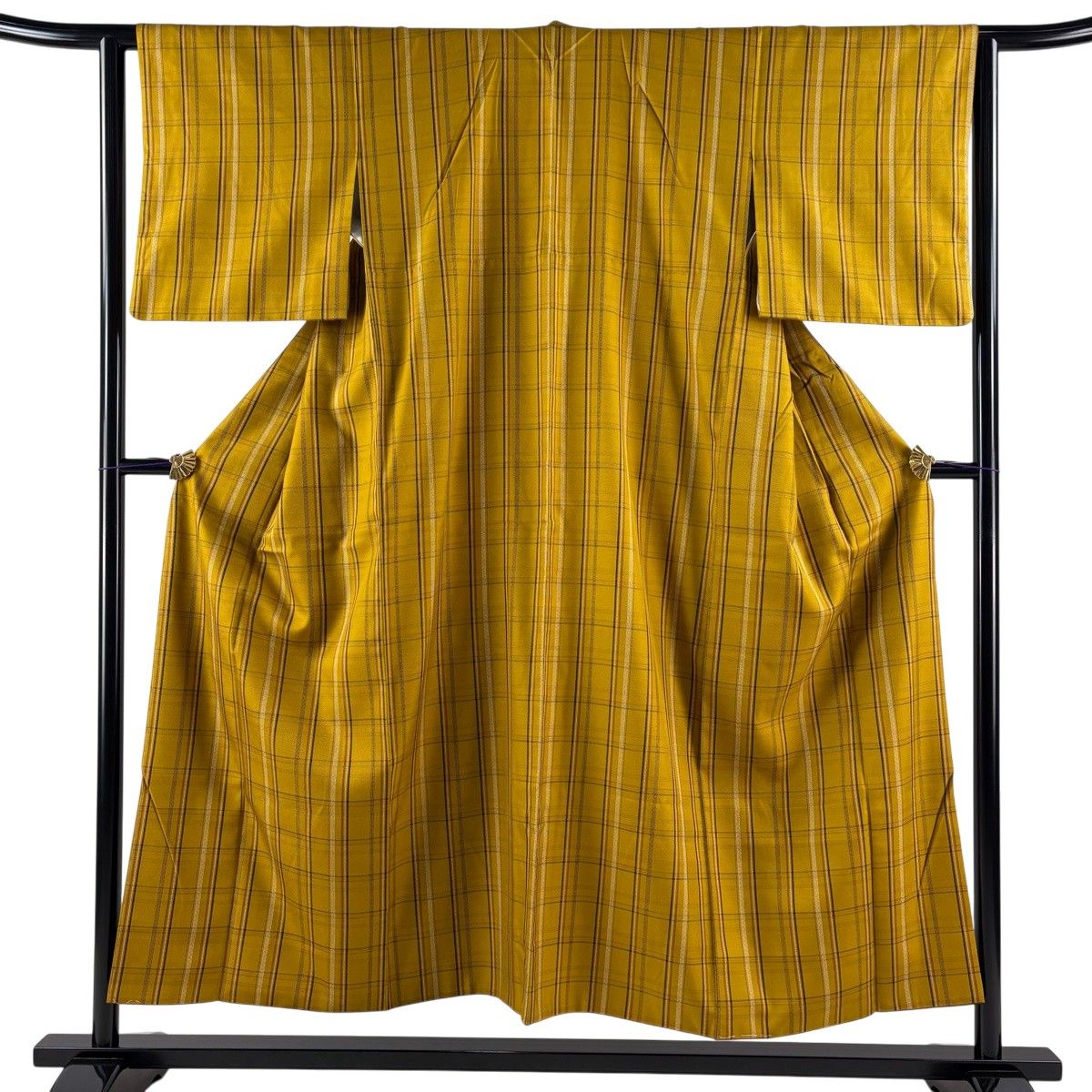紬 身丈152cm 裄丈63cm S 袷 格子 山吹茶色 正絹 逸品 【中古】