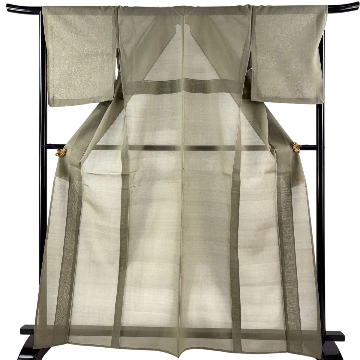 【美品】 紬 身丈165.5cm 裄丈67cm M 薄物 夏紬 琉球かすり 証紙 灰緑 正絹 逸品 【中古】