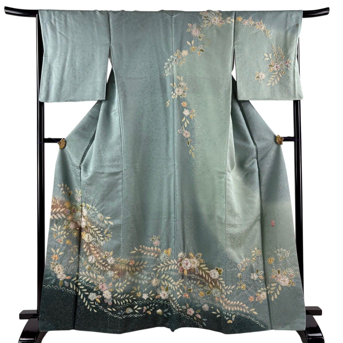 訪問着 身丈165.5cm 裄丈67.5cm L 袷 徳永憲峯 落款 辻が花 幾何学 金通し 金彩 薄緑 正絹 逸品 【中古】