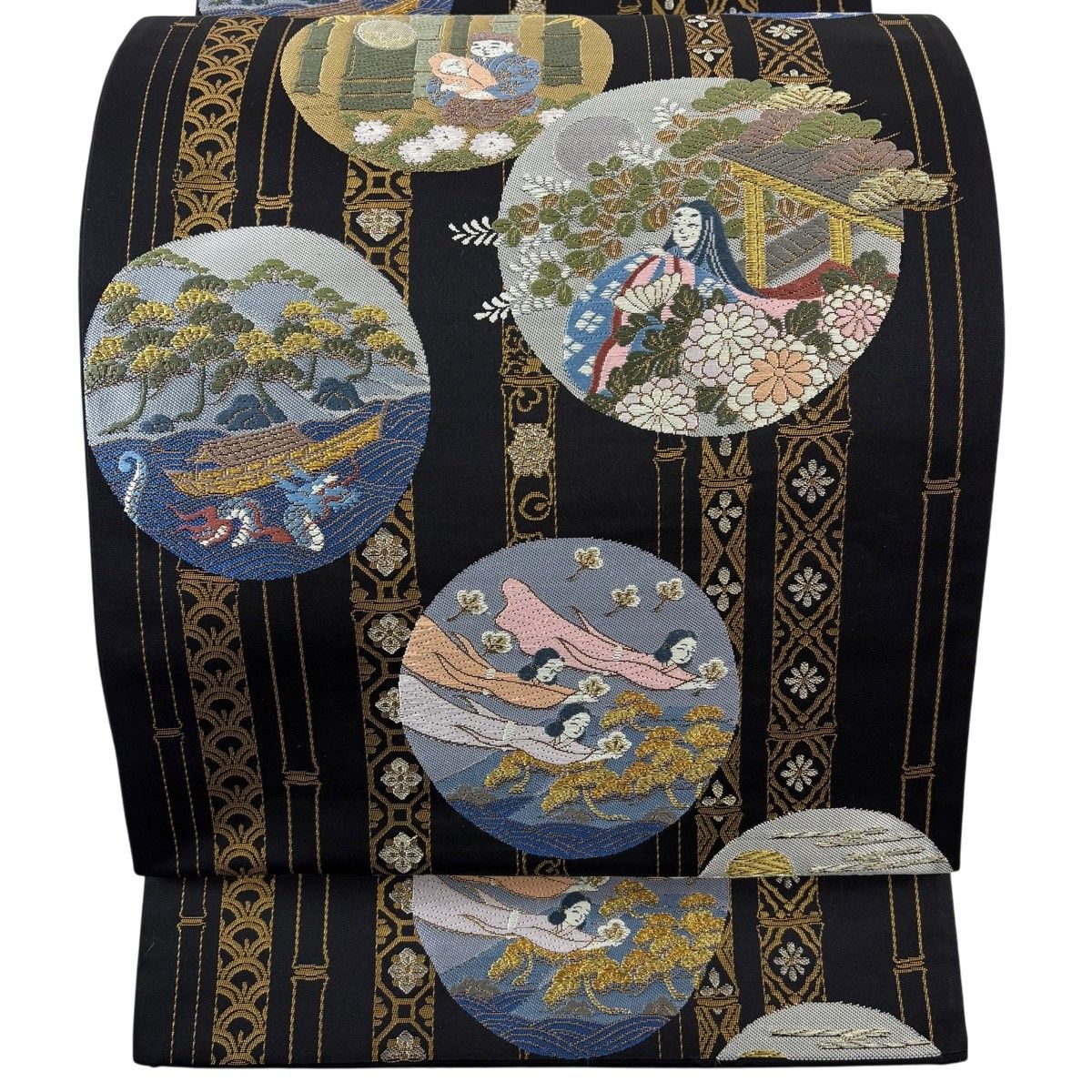 【美品】 袋帯 逸品 かぐや姫 有職文様 唐織 金銀糸 黒 六通 正絹 【中古】
