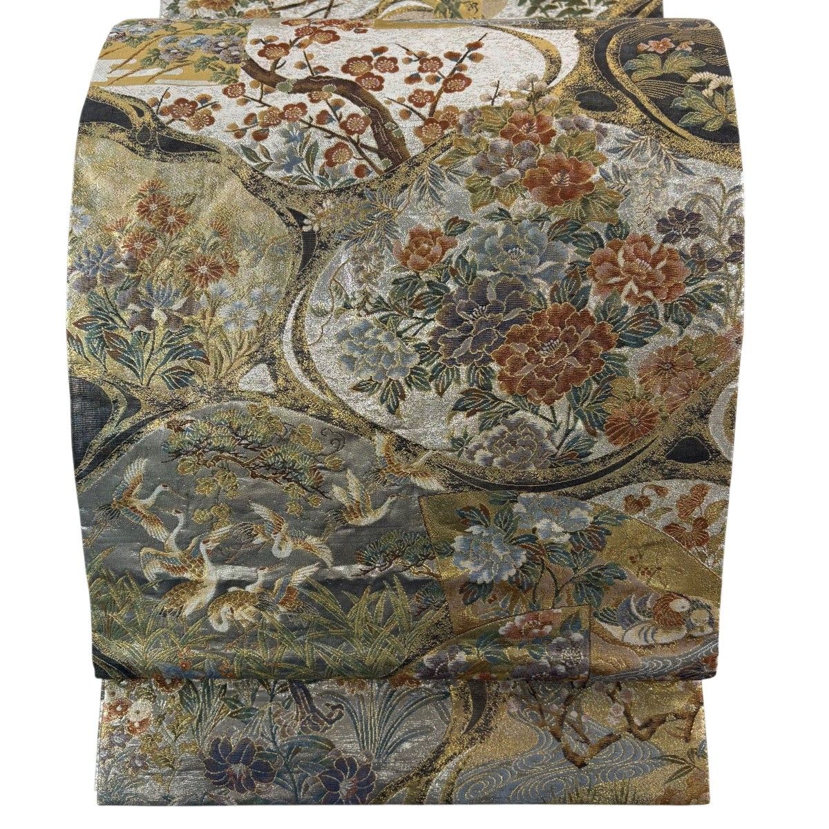 丸帯 逸品 琳派流水名勝図 草花 花鳥 金糸 箔 金色 お太鼓柄 正絹 【中古】