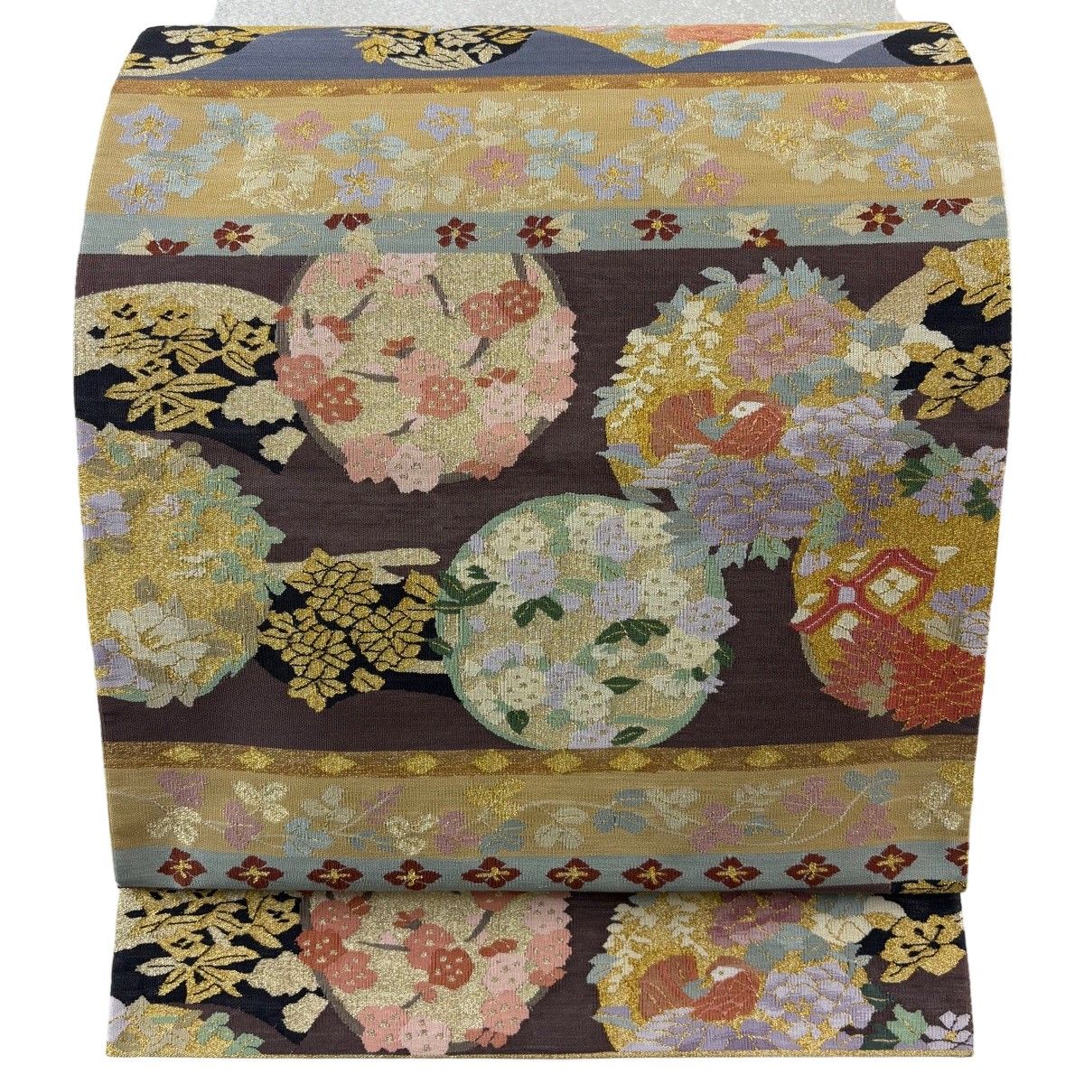 【美品】 袋帯 逸品 花丸文 横段 金銀糸 金色 お太鼓柄 正絹 【中古】