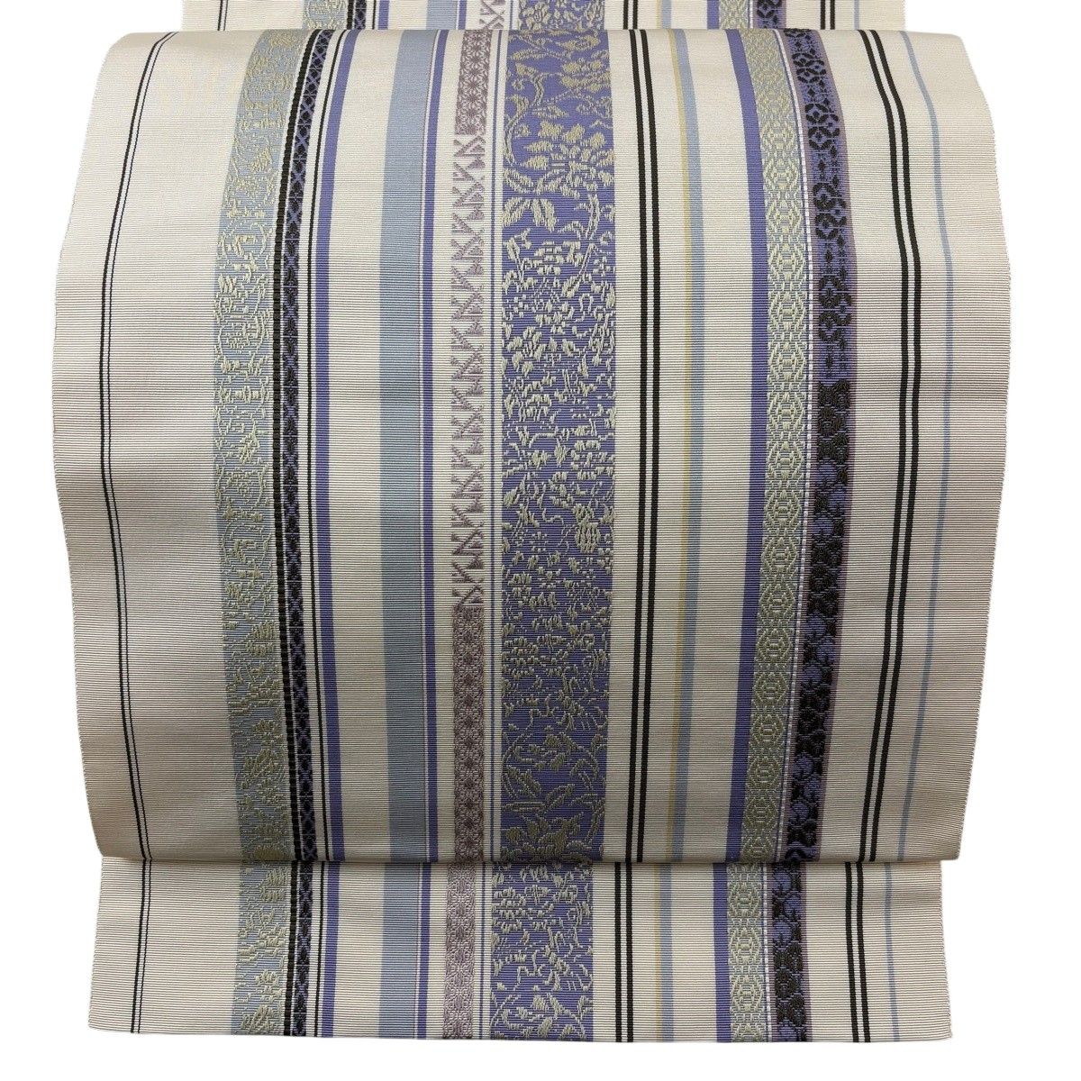 【美品】 名古屋帯 逸品 八寸名古屋帯 松葉仕立て 縞 草花 クリーム 正絹 【中古】