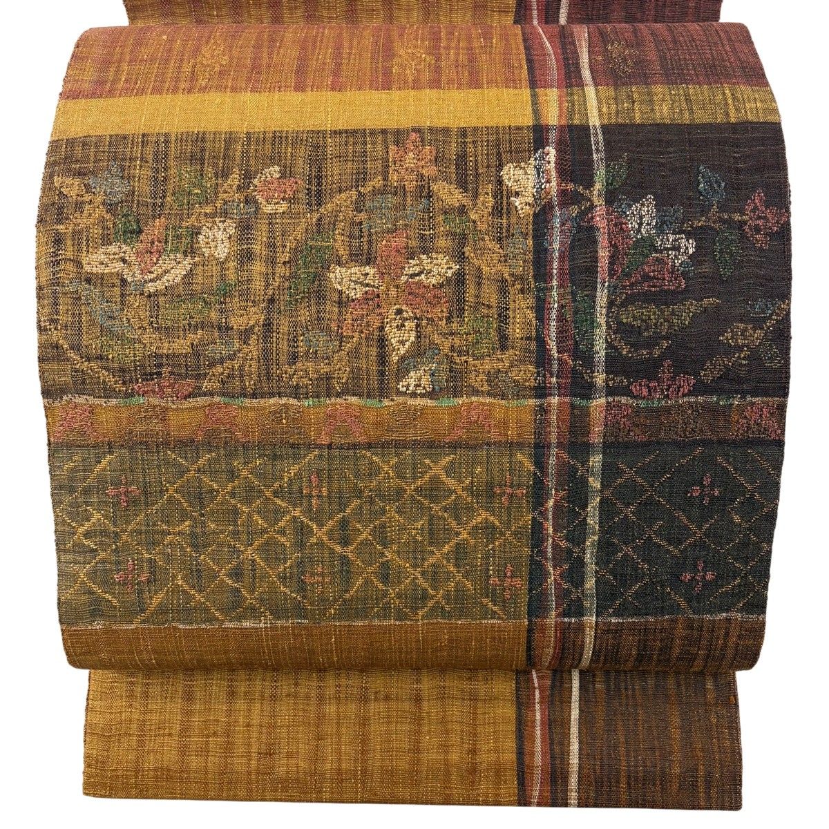【美品】 袋帯 逸品 渡文 落款 草花 縞 金糸 山吹茶色 お太鼓柄 正絹 【中古】