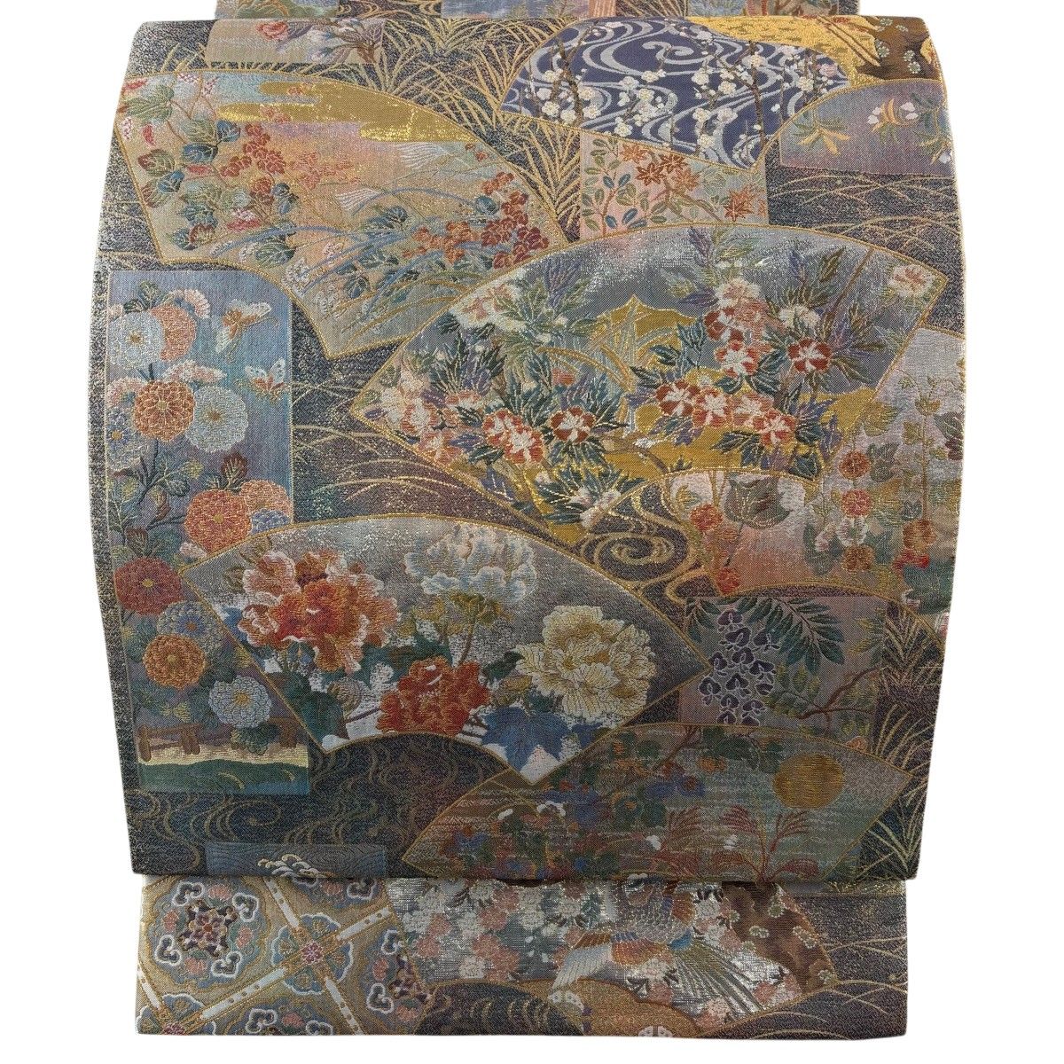 【美品】 丸帯 逸品 証紙 伝承国宝図 金糸 箔 青灰色 お太鼓柄 正絹 【中古】