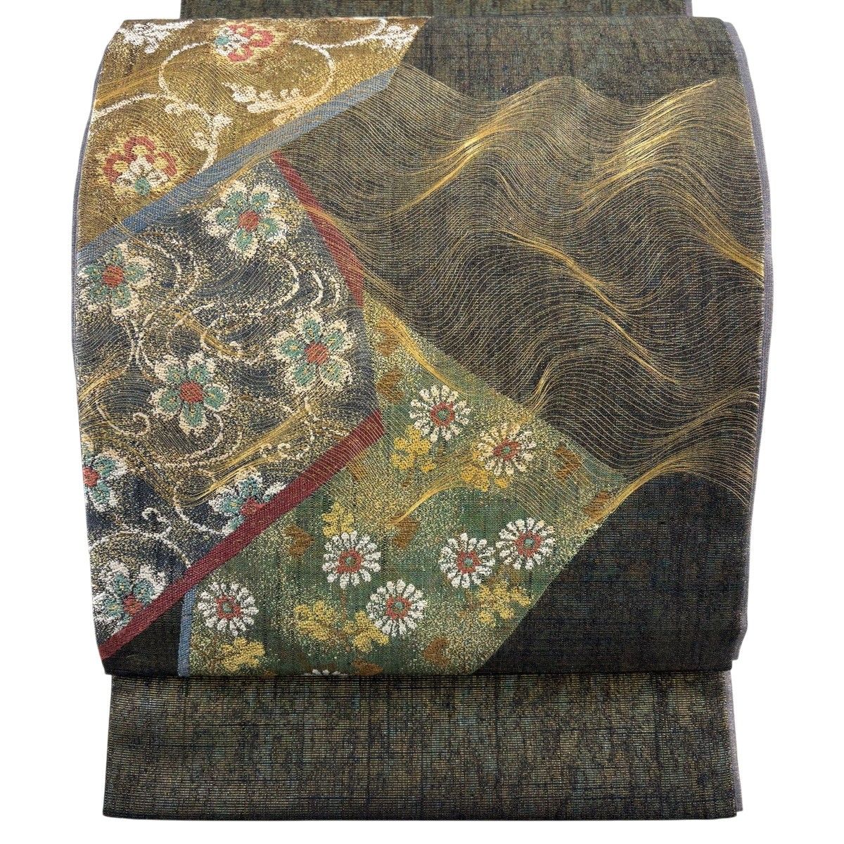 【美品】 袋帯 逸品 花唐草 流水 金糸 箔 深緑 お太鼓柄 正絹 【中古】