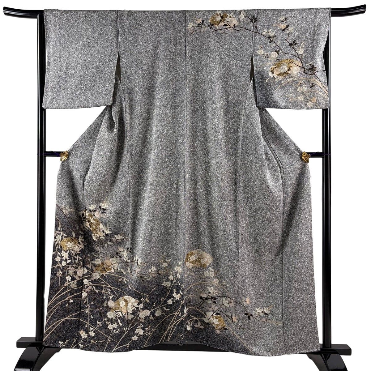 訪問着 身丈158cm 裄丈64.5cm M 袷 扇面 菊 金彩 ぼかし 黒灰 正絹 秀品 【中古】