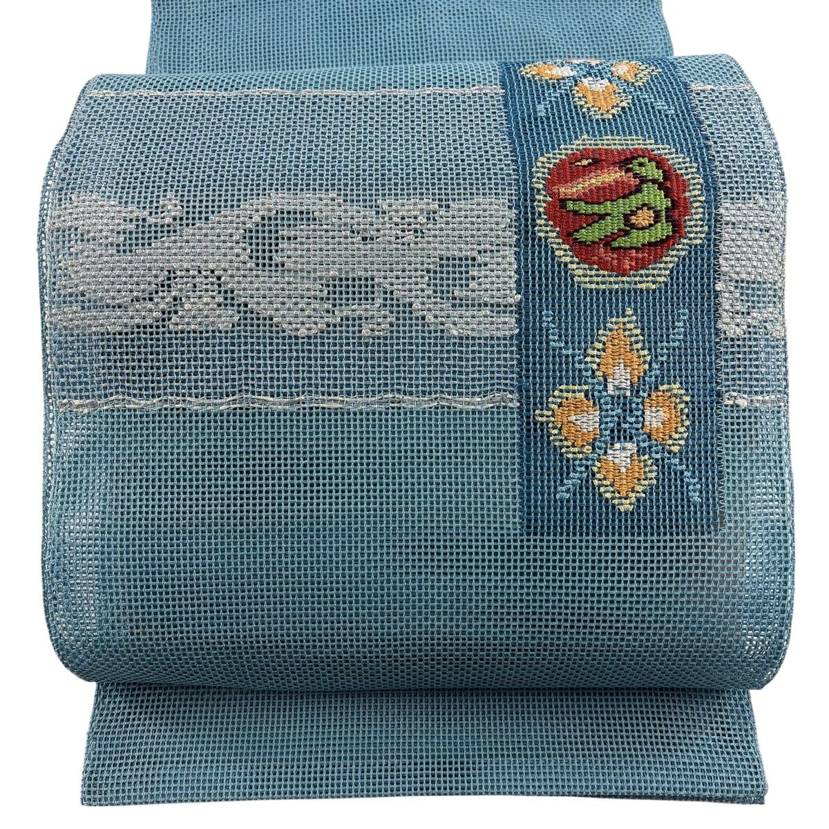 名古屋帯 秀品 夏帯 羅 八寸名古屋帯 トンネル仕立て 鳥 幾何学模様 水色 正絹 【中古】