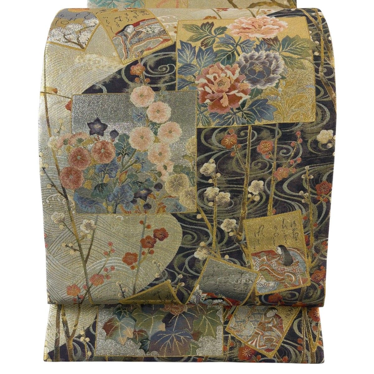 【美品】 丸帯 名品 琳派三重奏 色紙 かるた 金糸 箔 金色 お太鼓柄 正絹 【中古】