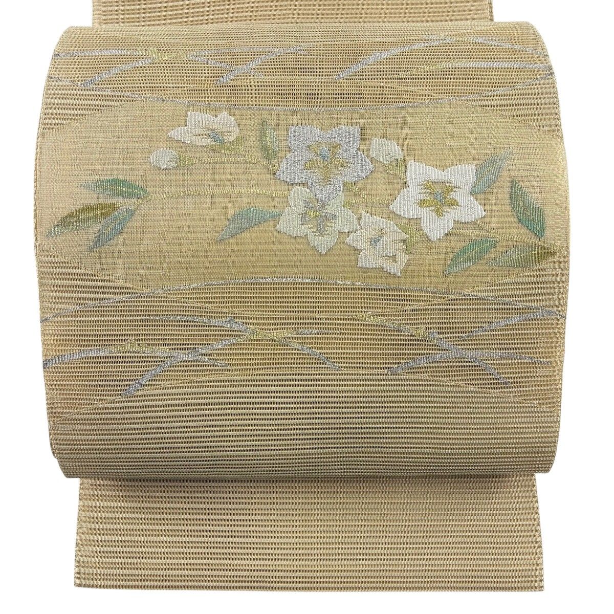 名古屋帯 秀品 夏帯 絽 八寸名古屋帯 松葉仕立て 草花 芝 金銀糸 黄土色 正絹 【中古】