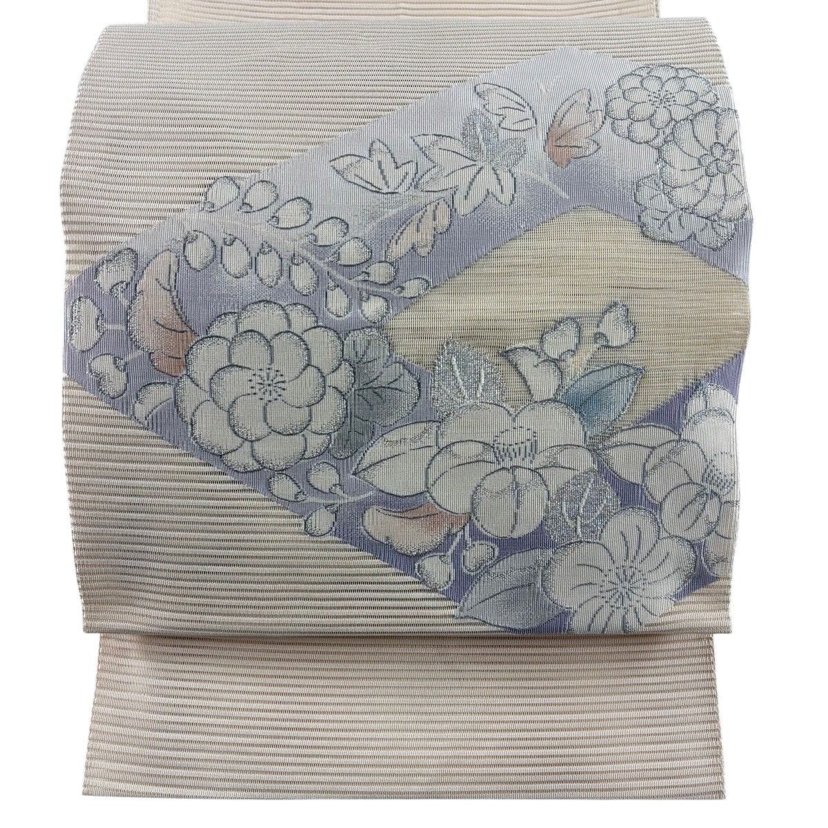 名古屋帯 秀品 夏帯 絽 八寸名古屋帯 松葉仕立て 草花 銀 ベージュ 正絹 【中古】