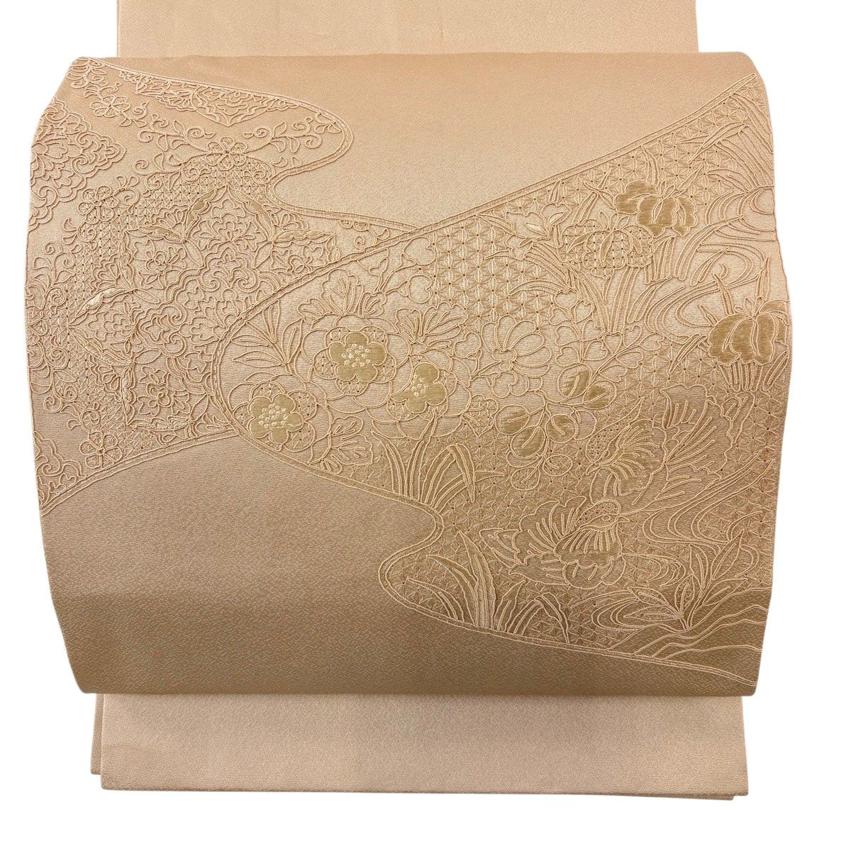 開き名古屋帯 秀品 鴛鴦 草花 刺繍 薄茶色 正絹 【中古】