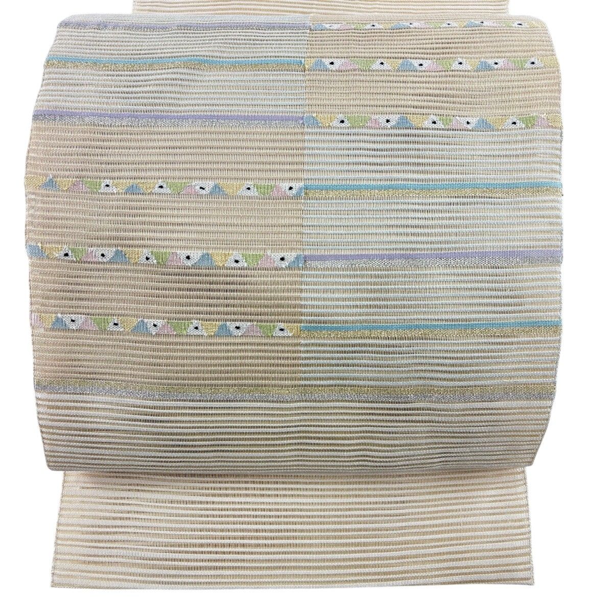 名古屋帯 秀品 夏帯 絽 八寸名古屋帯 松葉仕立て 縞 幾何学 金銀糸 ベージュ 正絹 【中古】