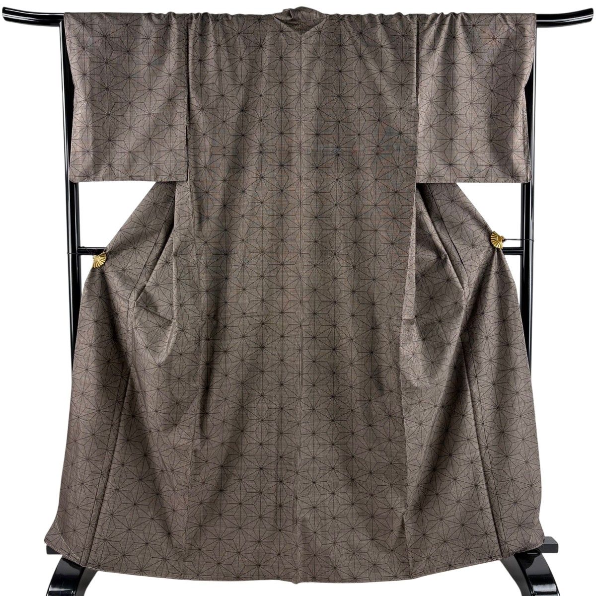 【美品】 紬 身丈166cm 裄丈68.5cm L 袷 麻の葉 焦茶色 正絹 秀品 【中古】
