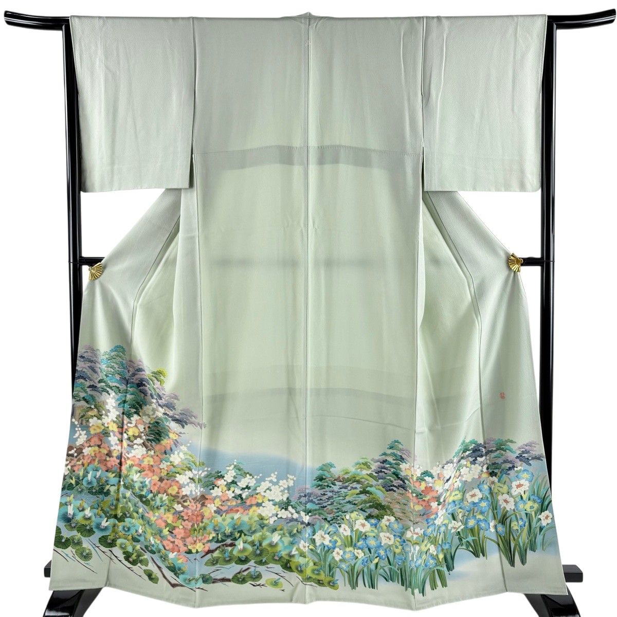 【美品】 色留袖 身丈166cm 裄丈64.5cm M 袷 落款 松竹梅 水辺の風景 灰緑 正絹 秀品 一つ紋 【中古】