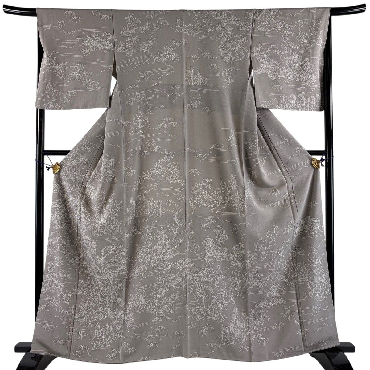 訪問着 身丈161.5cm 裄丈66cm M 袷 松竹梅 雲文 灰茶 正絹 秀品 【中古】